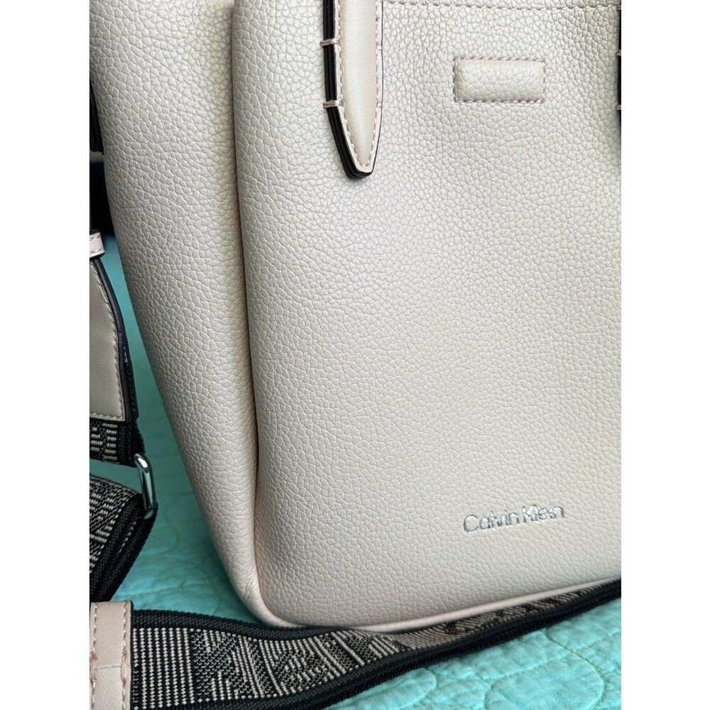 Calvin Klein Mini Tote Crossbody Bag Cream Pebbled Faux Leather Logo Web Strap